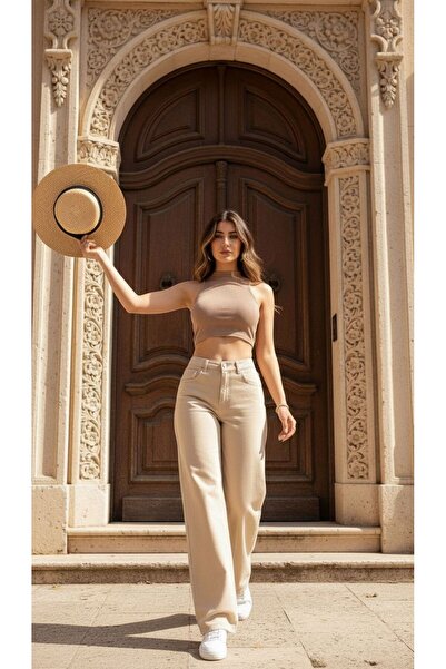 geenz manifacture Εξαίσια γυναικεία τζιν με ψηλόμεσο κορδόνι, φαρδιά τζιν παντελόνια Palazzo