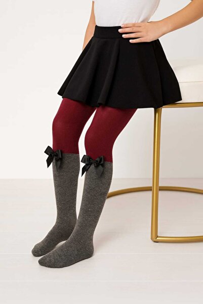 DÜVEN Бургундски памучни чорапогащи с панделки за момичета