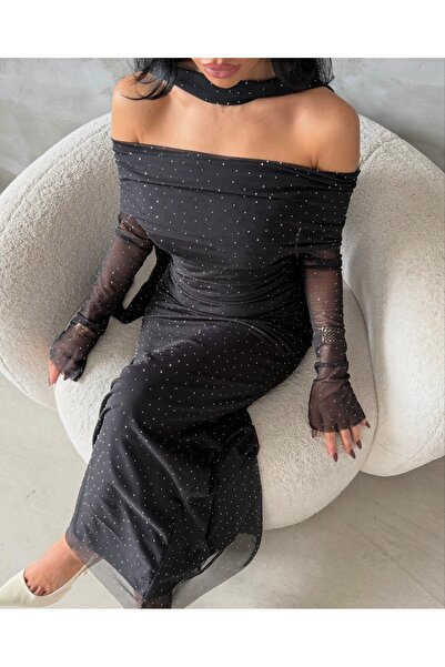 LİNDALİNA TEKSTİL Stone Tulle Dress Madonna Collar