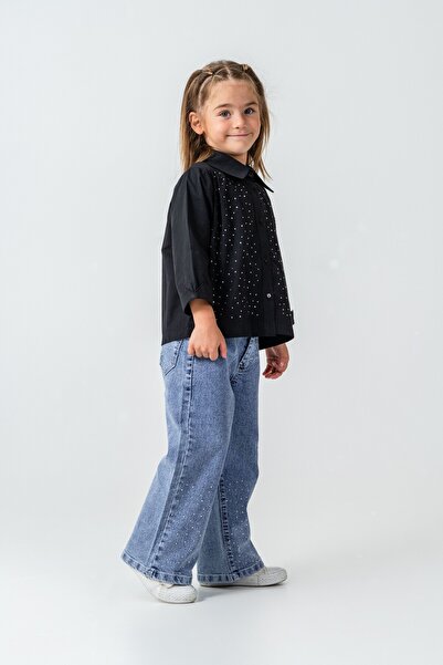 CLOUDY WEAR&DESİGN Girl's Stone Detailed Shirt and Wide Leg Jeans Two-Piece Set