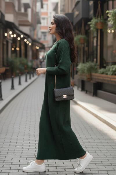 Mossta Πράσινο άνετο ελαστικό υφασμάτινο μακρύ πλεκτό φόρεμα