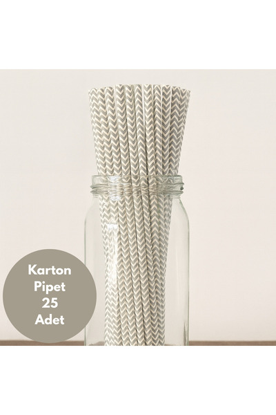 BatıDoğu Beyaz Üzeri Metalik Gümüş Zigzag Temalı Karton Pipet 25 Adet