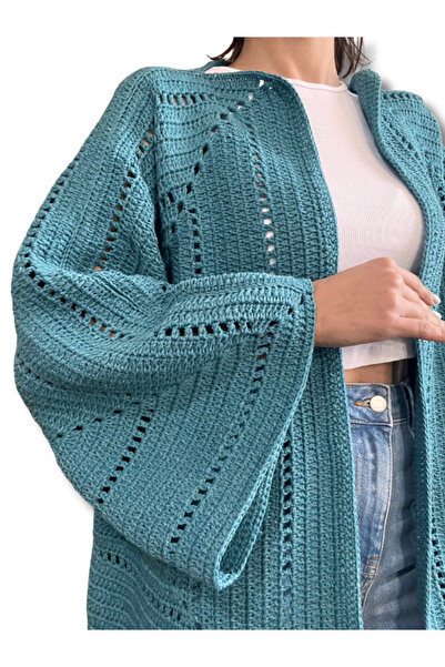 Manella Collective El Yapımı Bambu Koton İp Salaş Oversize Model Mavi Hırka