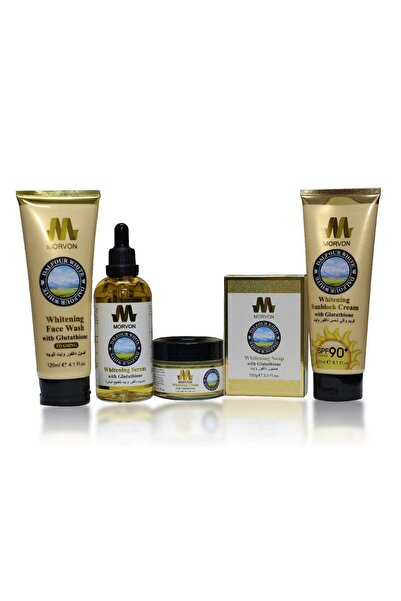 Dalfour Beauty مجموعة دالفور للتبييض بالجلوتاثيون: صابون ١٠٠ غرام، غسول ١٢٠ مل، كريم ٥٠ غرام، سيروم ١٢٠ مل، واقي شمس ١٢٠ مل بعامل حماية ٩٠