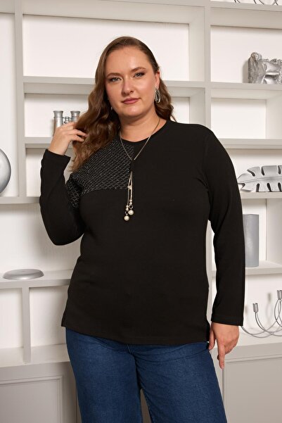 RMG Plus Size Mesh and Necklace Detail Blouse Black