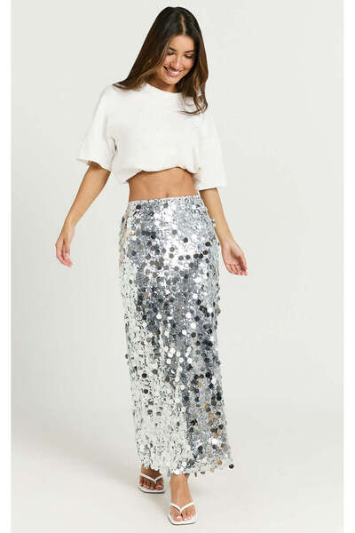 AFR CLOTHES Women's Silver Sequin Lined Maxi Skirt
