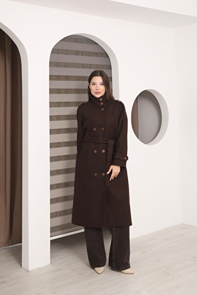 Leo Ferre Brown New Trend Women's Winter Cashmere Mock Neck Front Buttoned Belted Epaulette Overcoat.