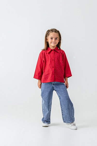 CLOUDY WEAR&DESİGN Girl's Stone Detailed Shirt and Wide Leg Jeans Two-Piece Set