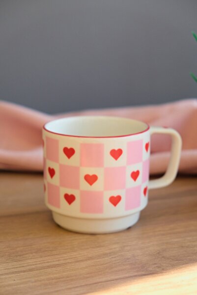 tabakevi Tabak Evi Porcelain Pink Checkered Heart Stacked Mug with Red Net 250Cc