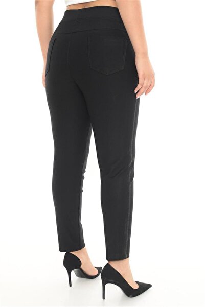 PETUNYA BUTİK Yanları Taş Şeritli Punto Pantolon-SİYAH