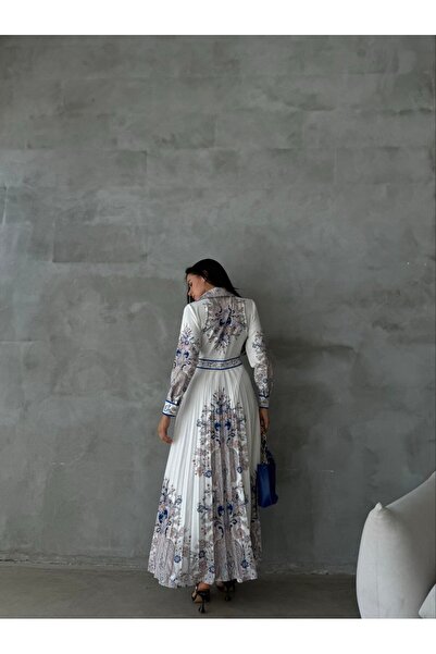 WellWay Crepe Fabric Floral Pattern Shirt Collar Self Belted White Dress-42131