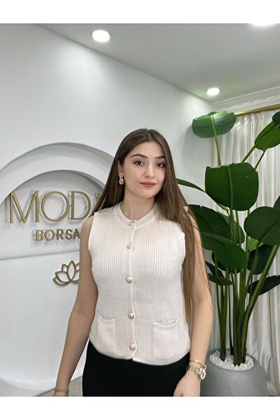 MODA BORSASI Women's Cream Gold Buttoned Pocketed Knit Vest