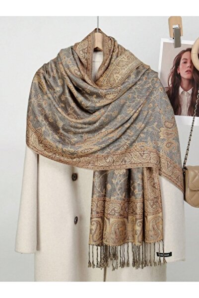 The Casius. Thin women's shawl in premium materials with fringe border, camel beige - The Casius