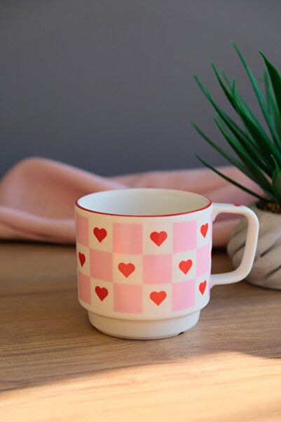 tabakevi Tabak Evi Porcelain Pink Checkered Heart Stacked Mug with Red Net 250Cc
