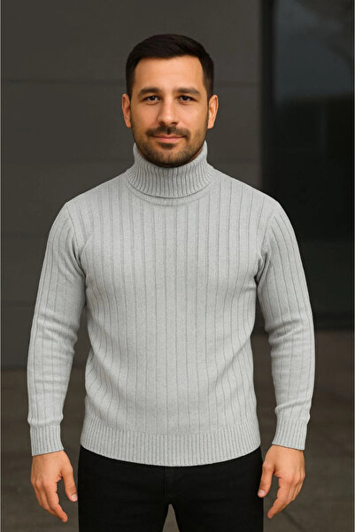 Zerenyus Men's Corded Fabric Knitwear Sweater Set of 2 Gray Black Regular Turtleneck Full-Throated Knitwear Set Model Sweater