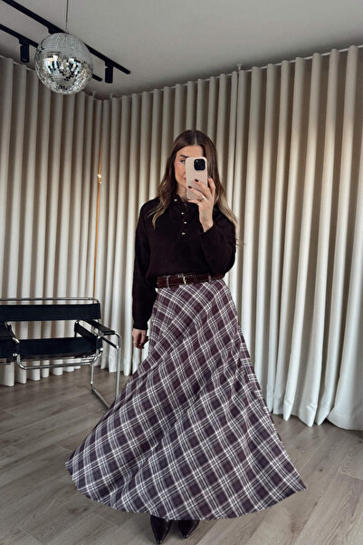 Sue Store Brown Beige Plaid Suede Belt Detailed Lined Bell Model Skirt