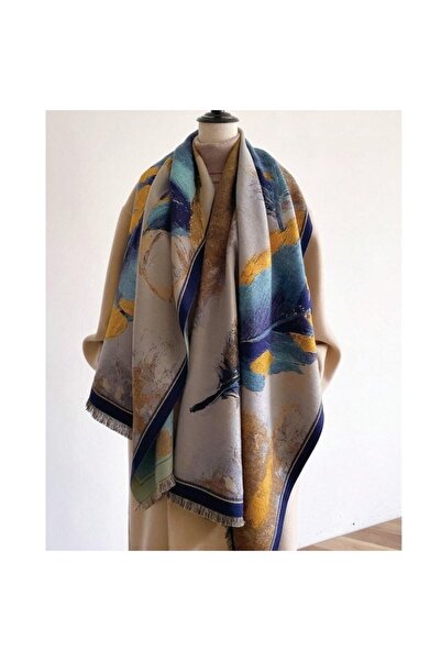 The Casius. Eșarfă lungă de damă, stil șal, materiale premium, model abstract „Feather”, albastru și bej, The C