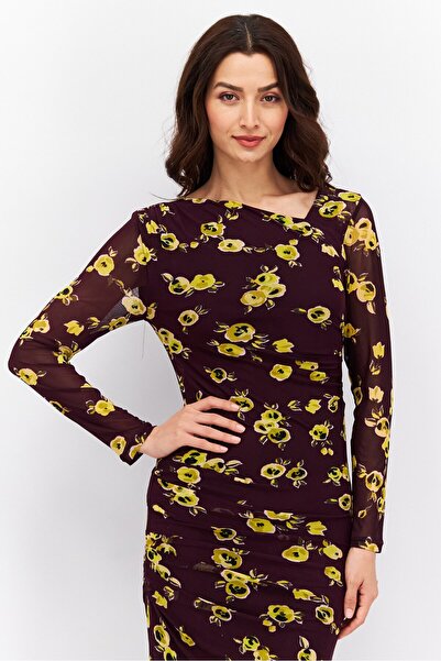 Calvin Klein Women Allover Printed Mesh Bodycon Dress, Maroon