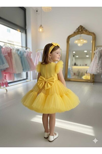 Sare Çocuk Giyim Yellow Girl's Fluffy Tutu Evening Dress Birthday Princess Dress + Buckle