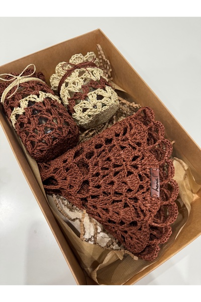 henaabag El örgüsü kağıt ip runner,dekoratif mumluk kavanoz seti, doğal masa ...