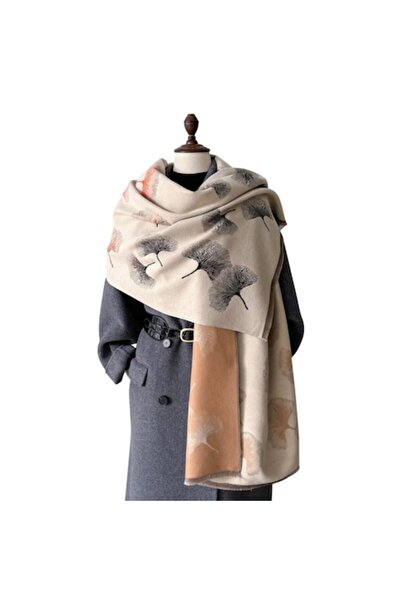 The Casius. Women's long shawl scarf, The Casius, Ginkgo Biloba leaves, beige cream, 185x65 cm