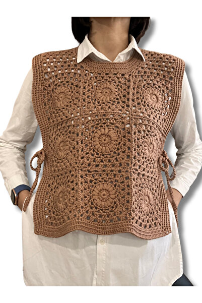 Manella Collective El Yapımı Kahverengi Dokulu Motifli Süveter Yelek