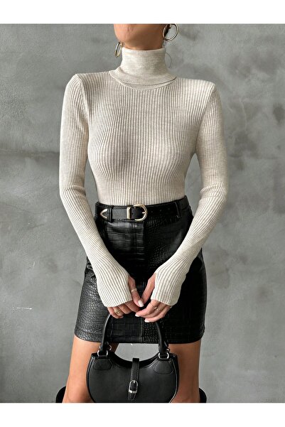 BELLA VESTE ATELİER Women's Turtleneck Corded Fabric Slim Fit Knitwear Sweater