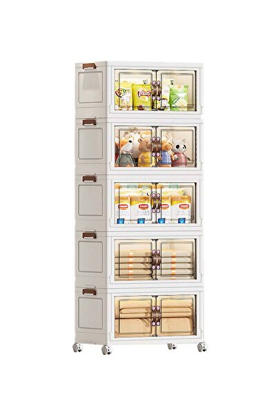Ollieroo Five-Tier Foldable Plastic Storage Cabinet with Wheels, 55×35×150 cm