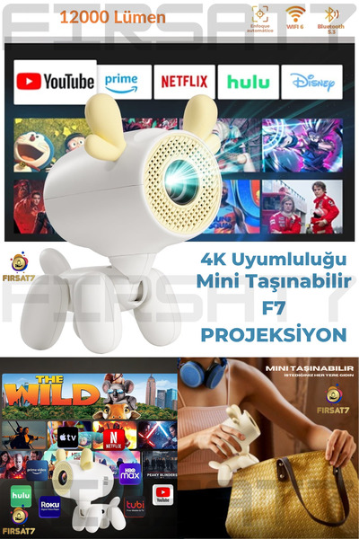 Fırsat7 F7 Mini 4K Mini Projektör 4K Android 13 TV Wifi Projeksiyon Ev Sinema...