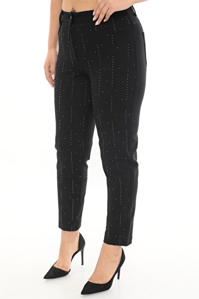 PETUNYA BUTİK Taşlı Punto Kumaş Pantolon - SİYAH