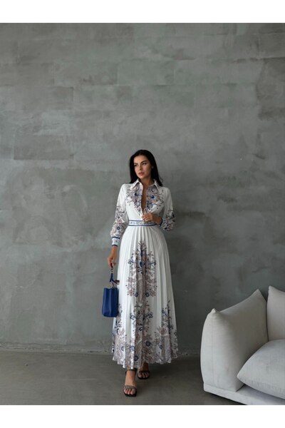 WellWay Crepe Fabric Floral Pattern Shirt Collar Self Belted White Dress-42131