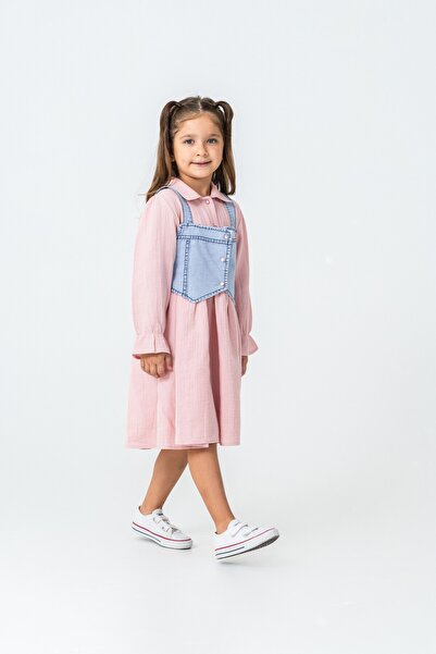 CLOUDY WEAR&DESİGN Kız Çocuk Jean Detaylı Günlük Elbise (2-9 Yaş)