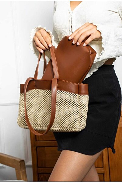 ÖZÜM TAKI Women's Straw Puppy Handbag and Shoulder Bag Brown