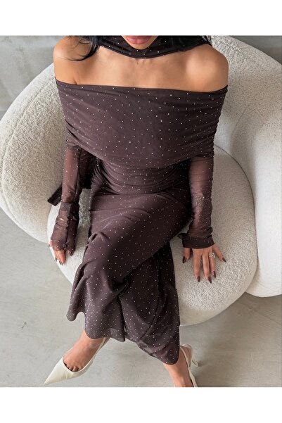 LİNDALİNA TEKSTİL Φόρεμα από τούλι με πέτρες και γιακά Μαντόνα