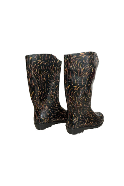 Emek Women's Yellow-Black Patterned 35 cm Long Garden Rain Boots