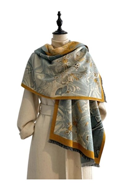 The Casius. Μακρύ κασκόλ για γυναίκες - Μοτίβο λευκά άνθη κερασιάς, μπλε-γκρι...