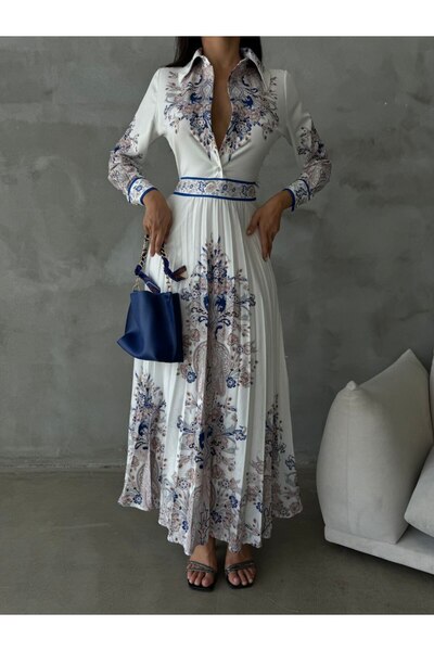 WellWay Crepe Fabric Floral Pattern Shirt Collar Self Belted White Dress-42131