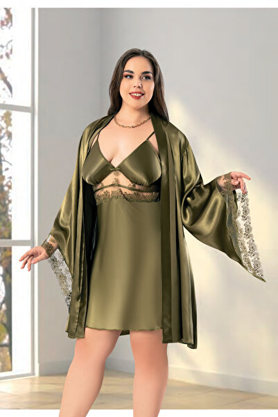 euro click Büyük Beden Trend Haki Saten İpli Dekolteli Gecelik ve Dantelli Sa...