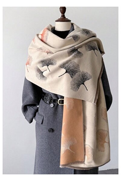 The Casius. Women's long shawl scarf, The Casius, Ginkgo Biloba leaves, beige cream, 185x65 cm