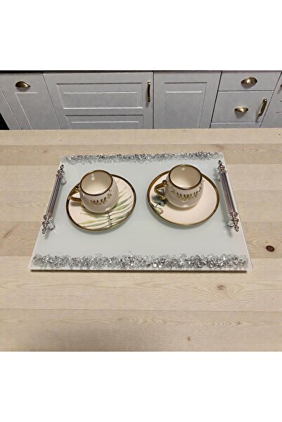 Online Home Market طقم من قطعتين من خواتم الوعد والخطوبة - طقم صينية تقديم القهوة |   مقبض من الكروم المطلي بالفضة |   تصميم زجاجي مستطيل الشكل