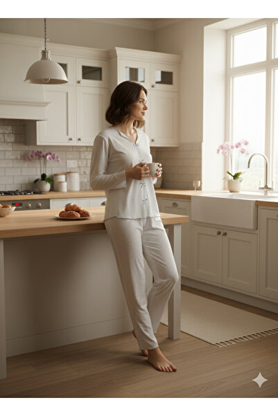 Sude kadın pijama takımı önü fiyonk detaylı pamuk takım acık mavi renk