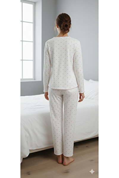 Sude kadın pijama takımı önü fiyonk detaylı pembe kalpli