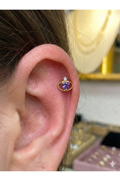 xmx Gold Renk Mor Taşlı Kalp Gezegen Figürlü Cerrahi Çelik Tragus Helix Kulak...