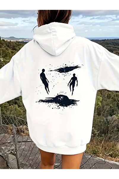 LAYORA Black Silhouette Printed White Hooded Hoodie