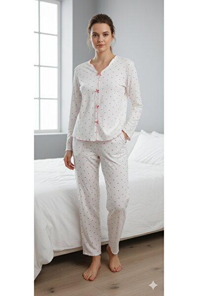 Sude kadın pijama takımı önü fiyonk detaylı pembe kalpli