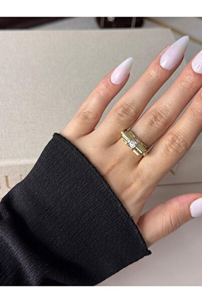 LEROSY CO. خاتم فولاذي قابل للتعديل بتصميم مسطح مرصع بحجر الباغيت – ذهبي