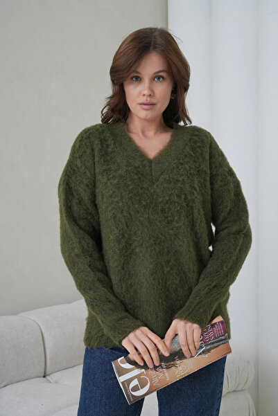 Park Karon Women's V-Neck Beard Textured Fleece-Lined Oversized Knitwear Sweater 8695