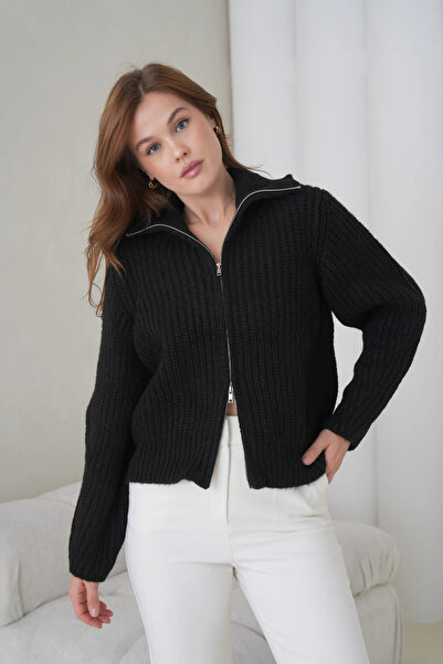 Park Karon Women's Turn-Down Collar Zipper Closure Corded Fabric Knitwear Jacket