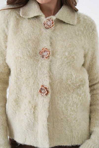 Park Karon Women's Polo Neck Stone Rose Button Detailed Wrinkled Soft Textured Knitwear Jacket