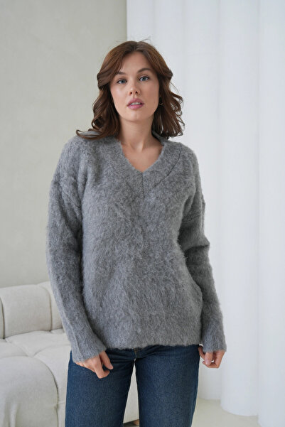 Park Karon Women's V-Neck Beard Textured Fleece-Lined Oversized Knitwear Sweater 8695